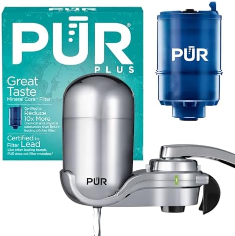 PUR Plus Vertical Faucet Mount Water Filtration System, Lead-Reducing Filter, Great-Tasting, Easy Install, Lasts 100 Gallons, Faucet Water Filter, Compatible with Sinks with External Aerators, Chrome