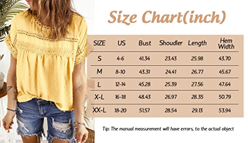 Womens Summer Boho Tops Casual Short Sleeve Blouses Crewneck Lace Crochet Pom Pom Shirts 6044 Yellow Large #TOP5