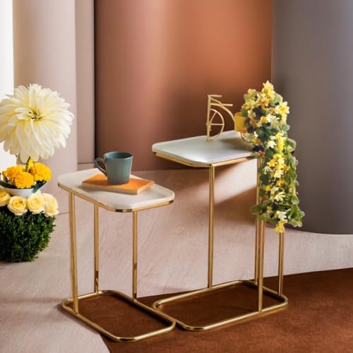 Image of Iron Frame Coffee Table with Premium Wooden top Handmade Rectangular Sofa Side Table for Sofa Side, Bed Side, Drawing Room, Bed Room (White Gold)