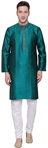 Poly Silk Men's Kurta Pajama India Clothing Wedding Party Wear (Green, M)