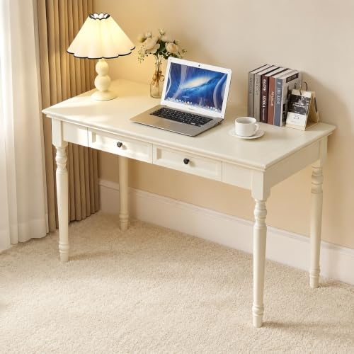Conabaen White Writing Desks with Drawers, 47" Solid Wood French Country Style Computer Desk for Home Office, Living Room Study or Workspace