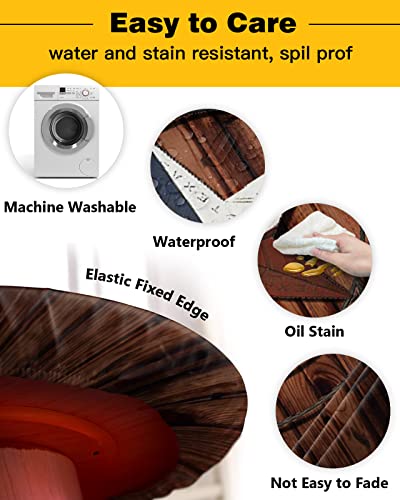 Round Tablecloth Fitted Table Cover,Western Country Texas Vintage Star Waterproof Table Cloth With Elastic Edge,Retro Farm Brown Wood Board Washable Tablecloths For Kitchen Indoor Outdoor 36-44In #TOP2