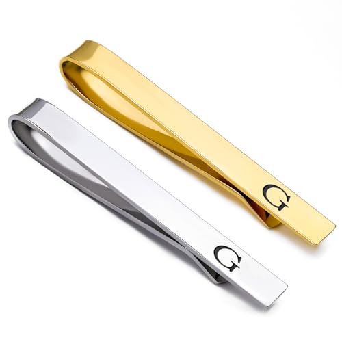Image of GWD Stainless Steel Tie Clips for Men Personalized Initial Tie Bar Set | 2 Pcs Classic Letter Tie Clips for Men, Silver and 14K Gold Plated Tone