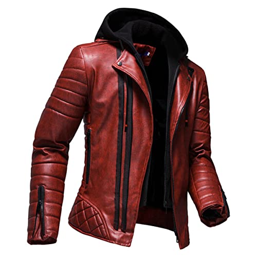 Image of Men's Red Leather Jacket: Genuine Sheepskin Retro Biker with Lapel Collar & Hood - Vintage Distressed Style