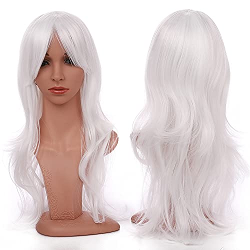 Long Wavy Cosplay Wig 100% Heat Resistant Synthetic Hair Womens Fashion Party Wigs Halloween Costume Wig with Bangs White