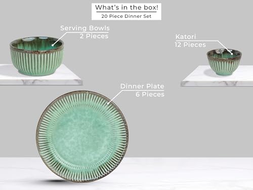 Image of Bodhi House Premium 20-Piece Stoneware Dinner Set Serving for 6 - Handcrafted Ceramic Plates, Bowls & Serving Bowls | Microwave & Dishwasher Safe | Elegant Modern Tableware Crockery Turquoise Green