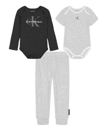 Calvin Klein Baby Boy's 2-Pack Bodysuit and Pants Set, Platinum Heather/Stealth Heather, 0-3 Months