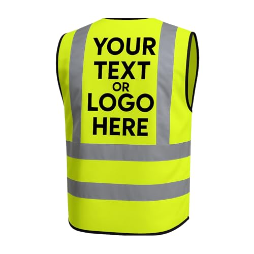 Kuest Personalised Printed Hi Vis Vest – Customised Hi Viz High Visibility Reflective Safety Waistcoat for Work, Security & Outdoor Use, Lightweight and Durable, EN ISO 20471 Certified (Yellow, Large)