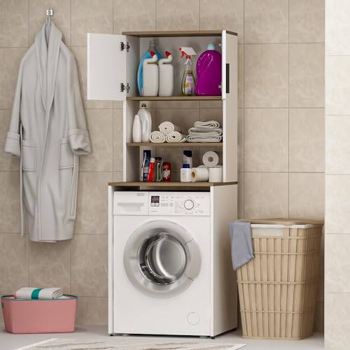 HOMIDEA MIA Armoire pour Machine à Laver - Surmeuble pour Lave-Linge - 2 Portes - 2 étagères Ouvertes Salle de Bain - Buanderie 182 x 65 x 60 cm (Blanc/Chêne) – vue 7