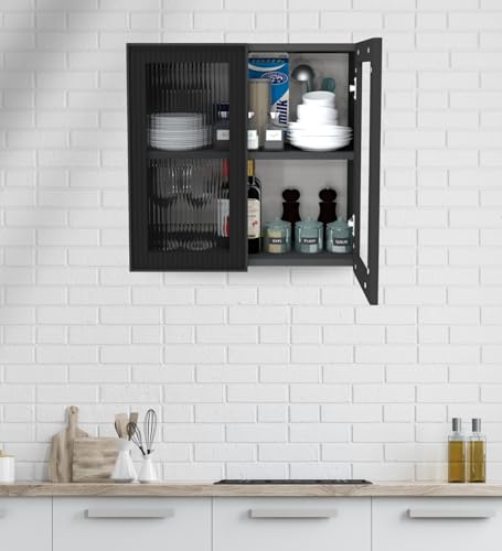 Image of SPECIALITY PANELS Aluminium Black Profile 2 Door Wall Cabinet | Fluted Glass Handless Shutters | Wall Mounted Kitchen Storage Cupboard | Space Saving Multipurpose Storage Unit | DIY Assembly