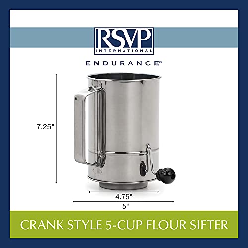 RSVP International Endurance® Stainless Steel Crank Style Flour Sifter, 5 Cup | Sift Flour & Dry Ingredients for Baking | Manual Crank | Dishwasher Safe,Silver
