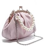 Tristan Home Evening Clutch Purse with Pearl Handle, Handbag, Crossbody Bag, Light Pink Satin Coloured, Kiss-Lock Closure, Detachable Chain Strap Small