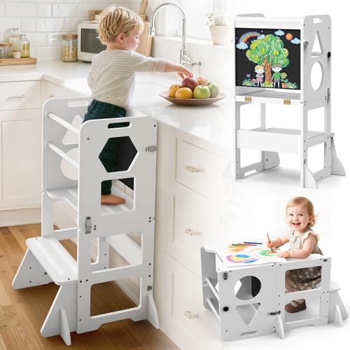 Woodure 4 in-1 Toddler Kitchen Step Stool, Foldable Learning Standing Tower with Blackboard, Wooden Kitchen Stool Helper for Kids, 1-3 Year Old Boy Girl Gifts - White