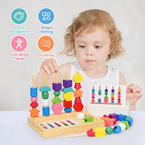 Montessori Bead Sequencing Set for Kids, Wooden Lacing Beads Toys for Toddlers, Matching Color Shape Stacker for 2 3 4 5 Years Old, Preschool Learning Educational Toys Gifts