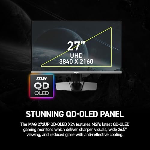 msi MAG 272UP QD-OLED X24 27인치 4K UHD 게이밍 모니터, 3840 x 2160, 퀀텀 도트 OLED 패널, 240Hz, 0.03ms, DisplayHDR 트루 블랙 400, AMD FreeSync™ 프리미엄 프로, USB C (15W PD), 프레임 없음, 블랙 — 사진 4