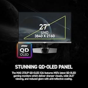 msi MAG 272UP QD-OLED X24 27-Inch 4K UHD Gaming Monitor, 3840 x 2160, Quantum Dot OLED Panel, 240Hz, 0.03ms, DisplayHDR True Black 400, AMD FreeSync™ Premium Pro, USB C (15W PD), Frame-Less, Black — photo 4 of 6