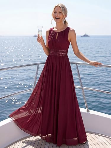 Image of Ever-Pretty Women's Chiffon Sleeveles Summer Formal Wedding Guest Dresses Ruched A Line Hollow Out Crew Neck Bridesmaid Dress