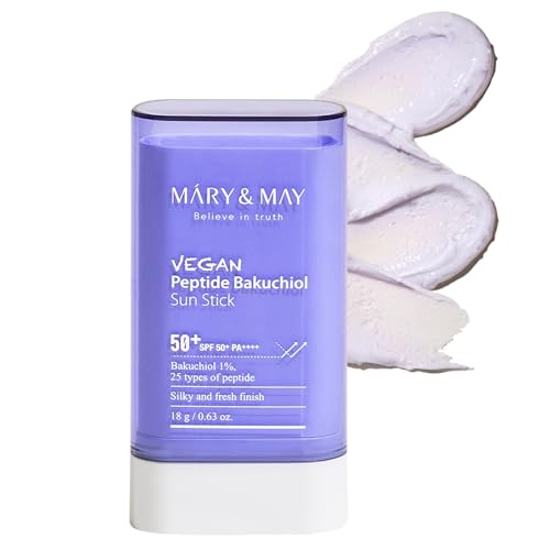 Mary&May Vegan Peptide Bakuchiol Sun Stick SPF50+ PA++++ - Protector Solar en Barra Vegano Coreano con 25 Péptidos y Alternativa al Retinol de Origen Vegetal - No Grasoso, Portátil, Acabado Mate, 18g