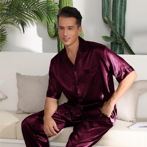 LANMAIGUO Mens Silk Satin Pajamas Sets,Short Sleeves and Pants Button Down Satin Pajama,Silk Satin Pocket Pajama Sets for Men4