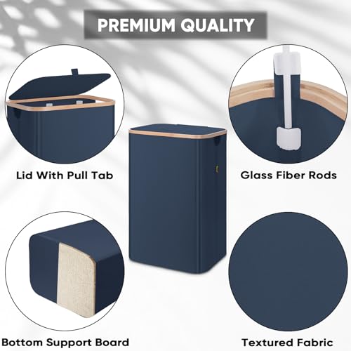 Image of BALEINE Laundry Hamper with Lid, Tall Laundry Baskets with Bamboo Pull Handles, Large Laundry Bin with Internal Support (26 Gal /100L, Blue)