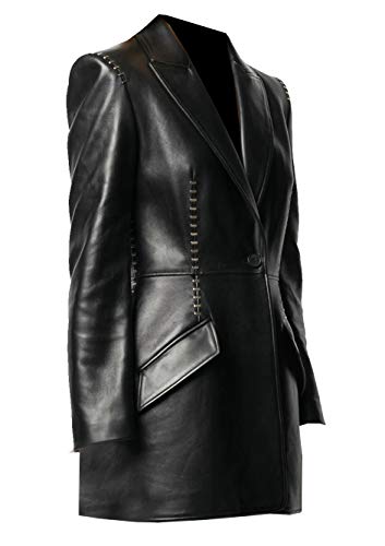 Studded Women's Blazer One-Button Blazer Coat Black Genuine Lambskin Leather Long Coat Metal Stitching2