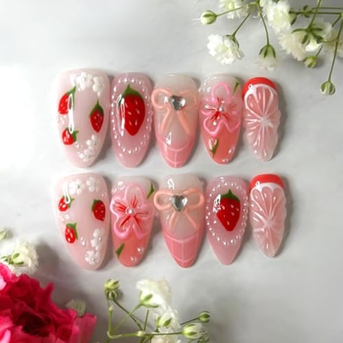24Pcs Strawberry Press on Nails Medium Almond Fake Nails with 3D Pearl Designs Pink French Tip Acrylic Nail Cute Flower Bow Nail Summer Glue on Nails for Women DIY Manicure