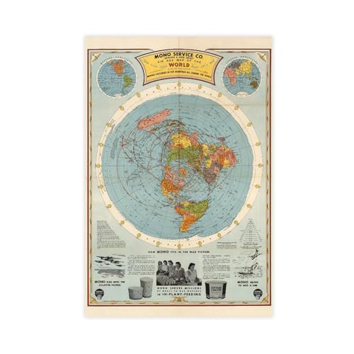 NJYXART Vintage 1945 Air Age World Map Canvas Wall Art - Azimuthal Equidistant Polar Projection Poster - Flat Earth Style Historical Decor 12x18inch(30x45cm)