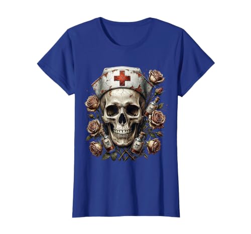 Halloween Nurse Skull Roses Poison Bottles Design T-Shirt, Women, Royal Blue, Small