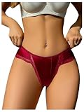 Milumia Low Waist Satin Panties for Women Sexy Silky Lace Trim Thong Bikini Briefs Lingerie Underwear Burgundy Large