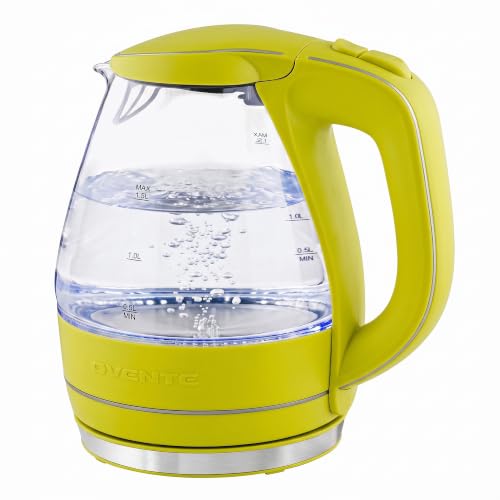 Image of OVENTE 1.5L Glass Electric Kettle Water Boiler, Green KG83G | Fast Boiling, Borosilicate Glass, BPA-Free, Blue LED, Auto Shut-Off, Boil-Dry Protection, Removable Filter, 360° Base, 1100W