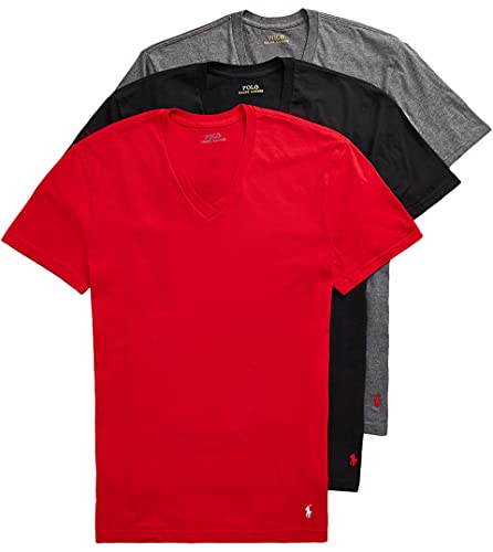 POLO RALPH LAUREN Mens Classic Fit w/Wicking 3-Pack V-Necks RL2000 Red/Fortress Grey Heather/Polo Black MD One Size