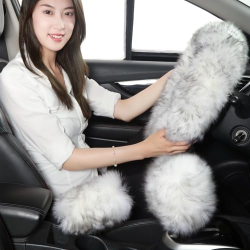 Fuzzy Genuine Sheepskin Steering Wheel Cover Set for Women Parents-Fluffy Soft Australian Merino Wool Fur Wrap with Gear Shift and Hand Brake Covers, Cozy Stylish Luxury Car Accessories (Wolf Tipped) by FL FLMAPLES - Image 2