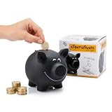 1x Sparschwein aus Keramik, Schwarz | Tafellack zum Beschriften inkl. Schloss & Schlüssel | Maße: ca. 17,5 x 13,5 x 14,4 cm | Geschenkidee für Sparfüchse jedes Alters
