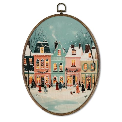 XNXLDYLH Colorful Winter Christmas Scene Oval Framed Wall Art Decor, Cozy Winter Village Hanging Wall Decor Decorations, Vintage Farmhouse Winter Xmas Holiday Canvas Prints Art Paintings, 8.5x11.5 In
