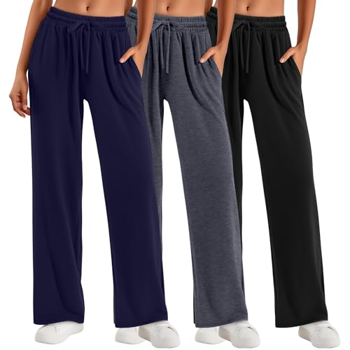 Neer 3 Pack Women's Baggy Sweatpants with Pockets, Wide Leg Yoga Pants Cozy Thick Lounge Pants Drawstring Casual Loose Jogger