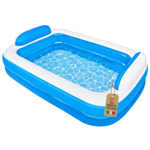 Akitaink Piscina Gonfiabile Rettangolare 200x150x50 cm con Cuscini Integrati, in Vinile Resistente PVC, Azzurro e Bianco, per Bambini dai 3 Anni, da Giardino