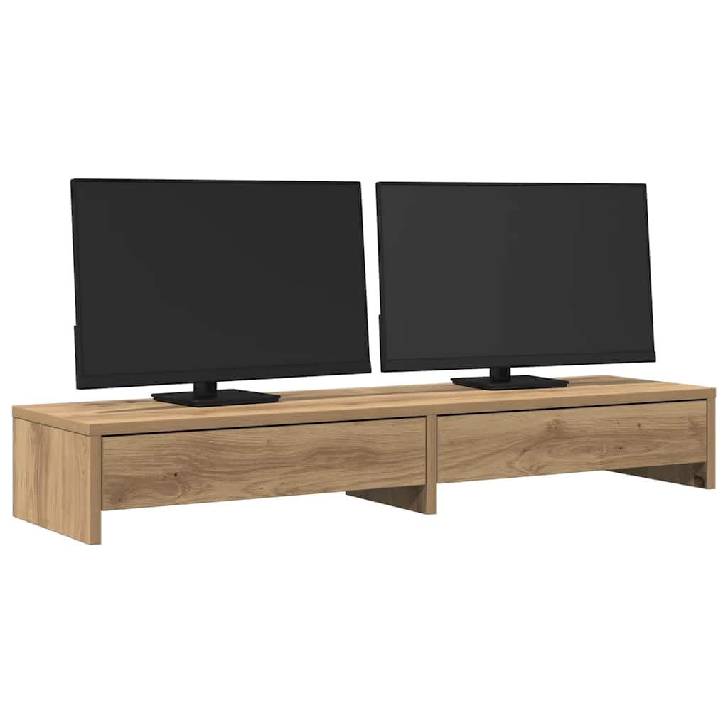 Supporto per monitor con cassetti in legno di rovere Artisan, 100 x 27 x 15 cm, per due monitor, portata 25 kg, organizer da scrivania, home office e gaming
