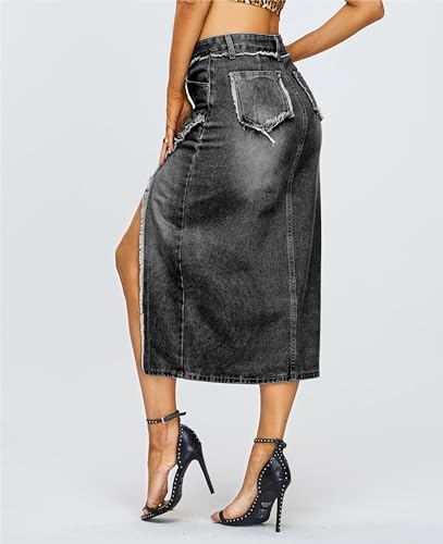 Denim Midi Skirt for Women - High Waisted Split Front Raw Slimming A-line Fit with Hugged HIPS4