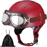 Retro Motorrad Halbhelme Motorradhelm Lederhelm Jethelme Halbhelm Deutscher Stil Roller Cruiser Chopper Anti-Collision Helm Leder Open Face Helm Mit Brille (A06,S)