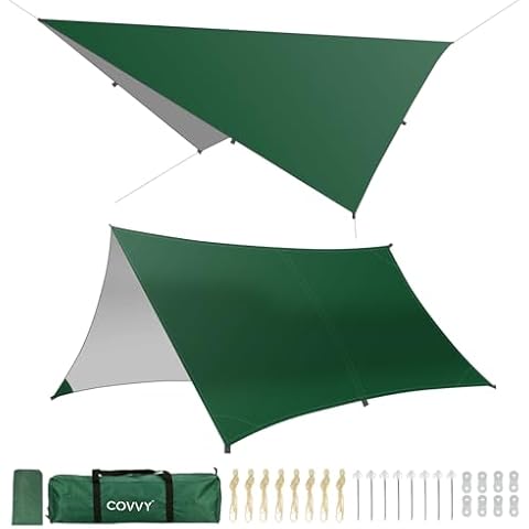Rain Fly Hammock Waterproof Camping Tent Tarp COVVY Portable Multifunctional Camping Gear Equipment Lightweight Backpacking Shelter Awning for Outdoor Hiking Travel, Fast Set Up with Tent Accessories Cover
