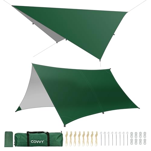 Rain Fly Hammock Waterproof Camping Tent Tarp COVVY Portable Multifunctional Camping Gear Equipment Lightweight Backpacking Shelter Awning for Outdoor Hiking Travel, Fast Set Up with Tent Accessories