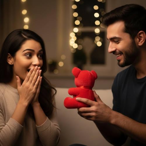 Image of ALVERO Cute Teddy Bear with Heart Cushion, Soft Plush Embroidered Heart Stuffed Toy, Gift for Girlfriend, Wife, Valentine, Anniversary & Kids Birthday 13 x 11 x 20cm (Red)