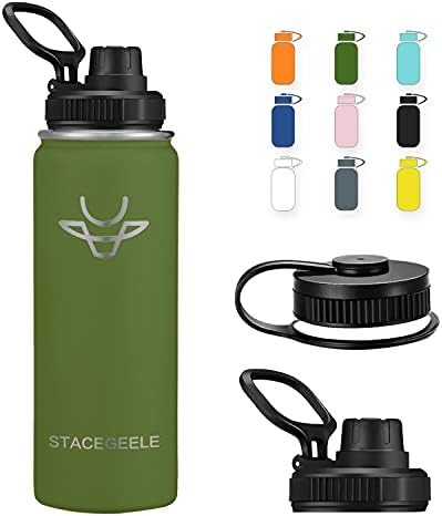 STACEGEELE Insulated Vacuum Water Bottle with Straw Lid Stainless Steel Flask Thermos Leak Proof Lightweight Eco Friendly 24oz