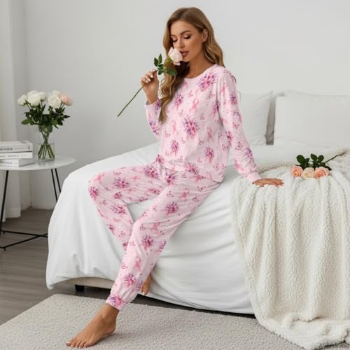 Image of Womens Pajama Sets 2 Piece Pjs Lounge Sets Long Sleeve Sleepwear Crew Neck Pullover Top with Long Pants