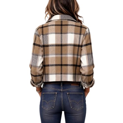 SdGgsgv Plaid Crop Jacket Women Button Up Loose Fit Fall Light Jackets — view 5