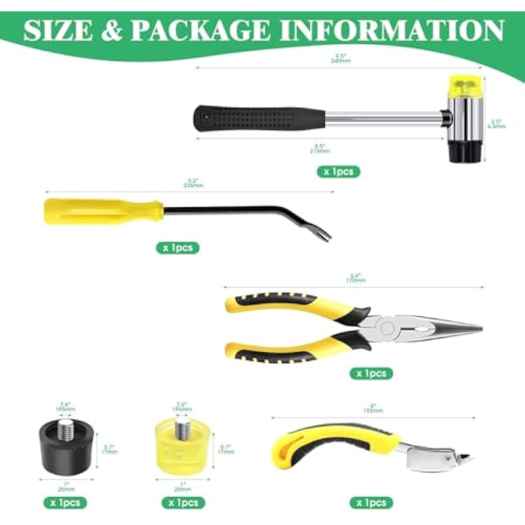 6 Pcs Upholstery Remove & Install Tools Kit Contains Rubber Mallet Hammer with 2PCS Replacement Head, Nail Tack Remover, Staple Tack Lifter and Removal Pliers for Furniture Floor Jewelry