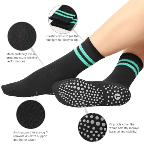 Image of Toes Home Pilates Socks for Women with Non Slip Grippers, Yoga Crew Socks for Barre Hospital Sticky Slipper Socks 4 Pairs