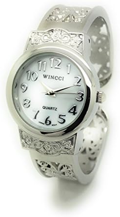 Wincci Ladies Elegant Metal Bangle Cuff Fashion Watch Pearl Dial (Silver)