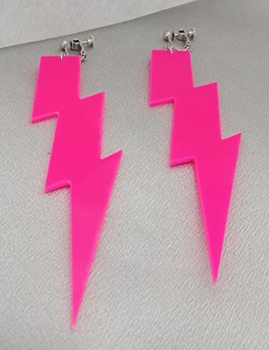 80S Neon Earrings Exaggerate Punk Lightning Bolt Clip On Earrings Halloween 1980S Party Non Pierced Clip Earrings For Women Girls (Rose Red) #TOP5
