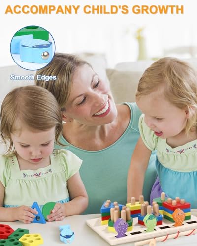 Image of SHINETOY Wooden Fishing Column 2 in 1 6 Sets (Preschool Puzzle Game) Early Montessori Teaching aids 1 to 3 Years Geometric Shape Matching Building Blocks Fishing Game for Kids Education